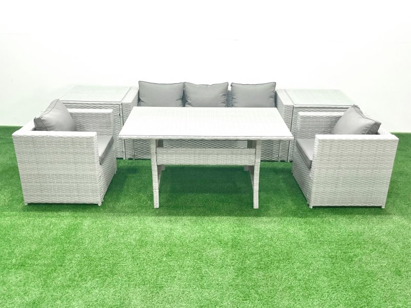 Fimous Garden Dining Set Outdoor Rattan Furniture Set with Sofa Dining Table 2 Chairs 2 Side Tables Light Grey Mixed