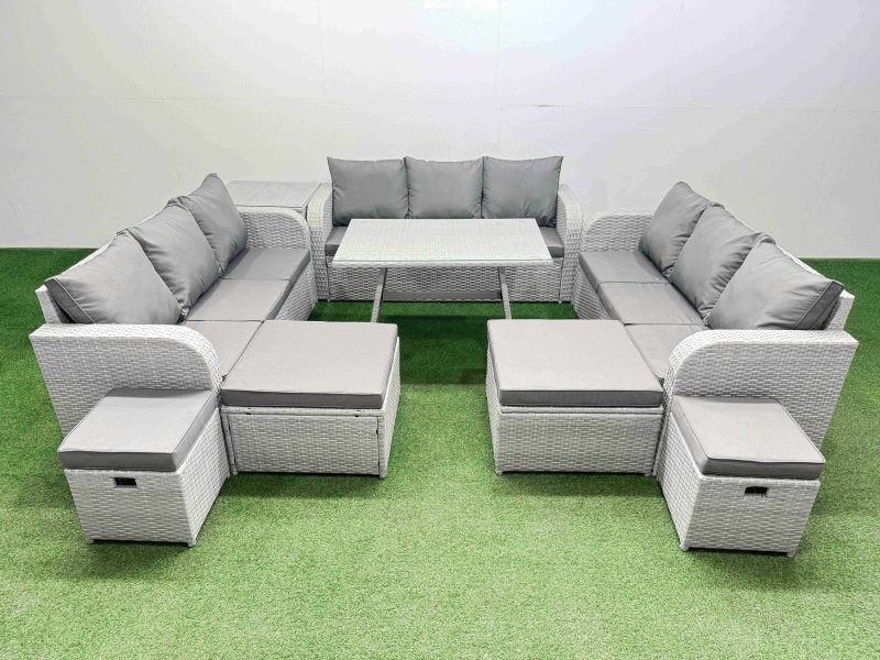 Fimous Patio Garden Furniture Sets with Dining Table 3 Seater Sofa Side Table 4 Stool Light Grey