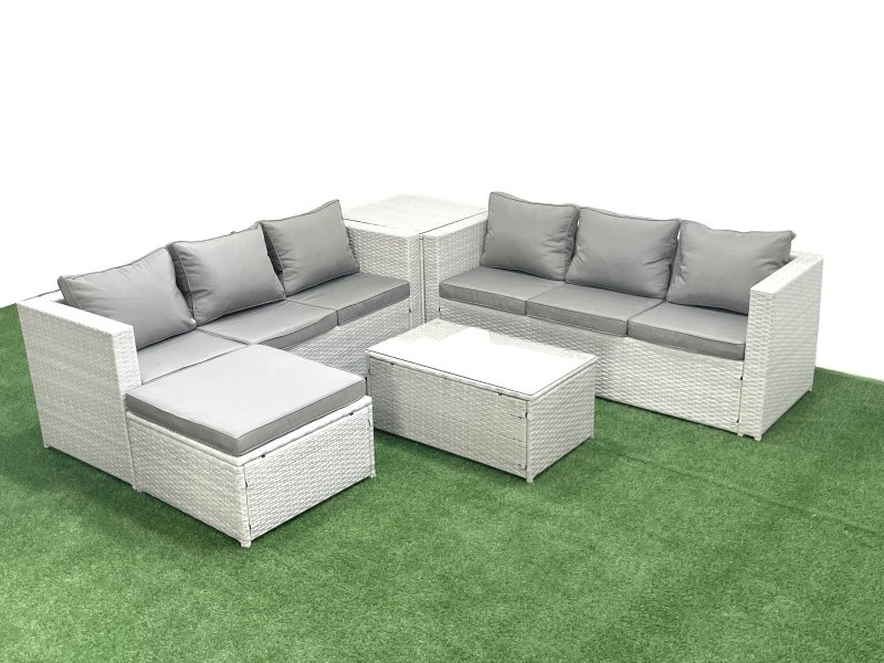 Fimous Garden Outdoor PE Rattan Furniture Set 7 Seater Rattan Garden Sofa Set with Big Footstool Side Table Light Grey Mixed