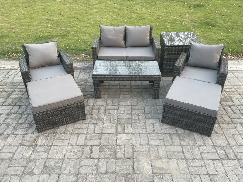 Fimous 7 PCS Outdoor Lounge Sofa Set Wicker PE Rattan Garden Furniture Set with Rectangular Coffee Table Armchair 2 Big Footstool Side Table Dark Grey Mixed