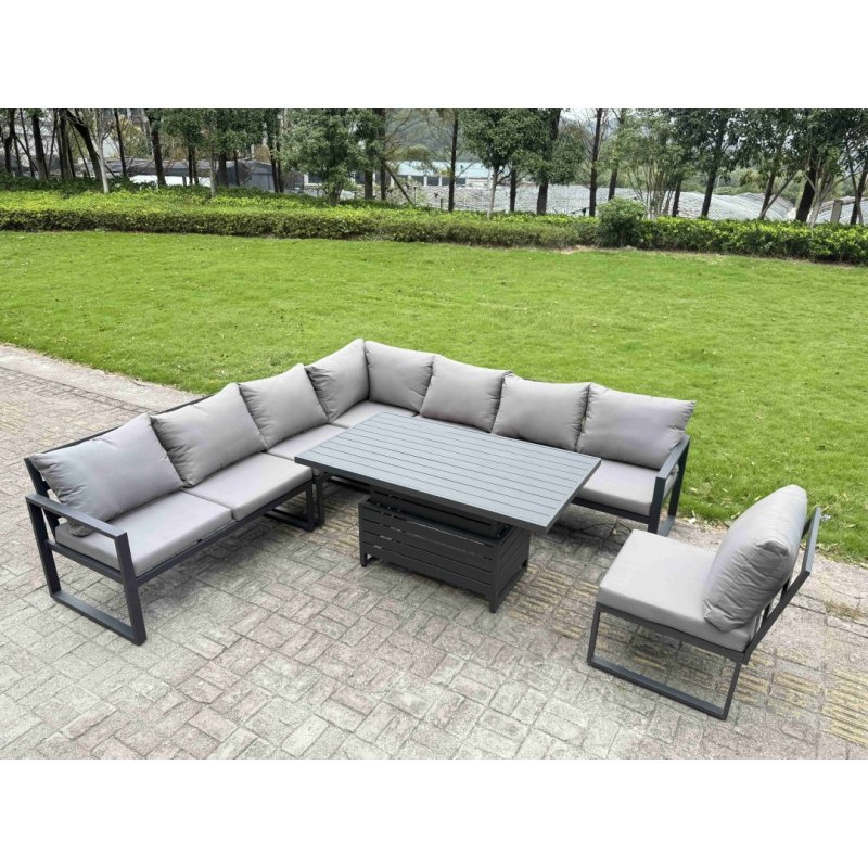Fimous L-shaped Garden Furniture Set 13-Seater Aluminium Outdoor Dining Set with Adjustable Rising Lifting Dining Table 3 Footstools 3 Chairs Dark Grey