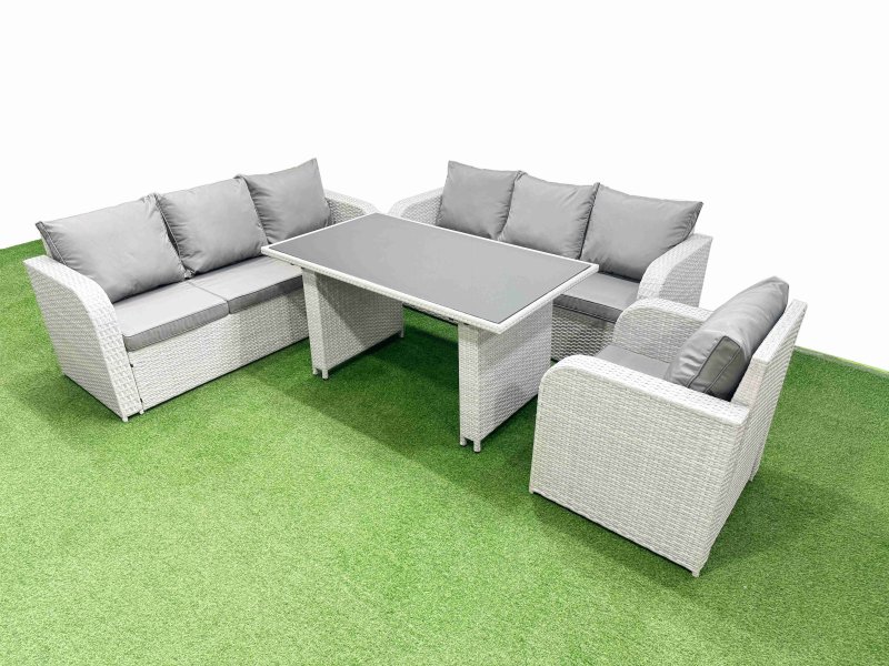 Fimous Rattan Garden Furniture Dining Set 7-seater Patio Rectangular Table Sofa Set Light Grey