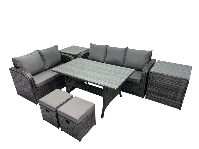 Fimous 7 Seat Outdoor Wicker PE Rattan Garden Furniture Set Dining Table Sofa Sets with 2 Side Tables Small Stool Dark Grey Mixed