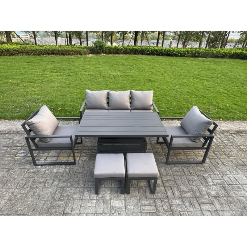 Fimous 7-Piece Aluminium Garden Furniture Sets 6 Seater Outdoor Sofa Set with Adjustable Rising Lifting Dining Table 2 Chairs Big Footstool 2 Side Tables
