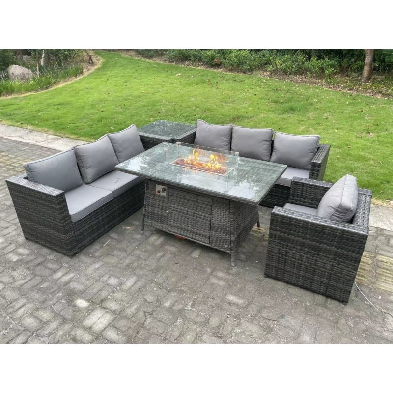 Fimous 7 Seater Rattan Garden Furniture Sofa Set Outdoor Patio Gas Fire Pit Dining Table Gas Heater Burner With Armchair Side Table Dark Grey Mixed