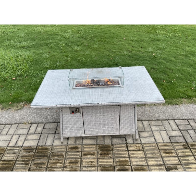 Fimous 8 Seater Garden Dining Sets Outdoor Rattan Furniture Gas Fire Pit Dining Table Gas Heater with 2 Big Footstools Light Grey