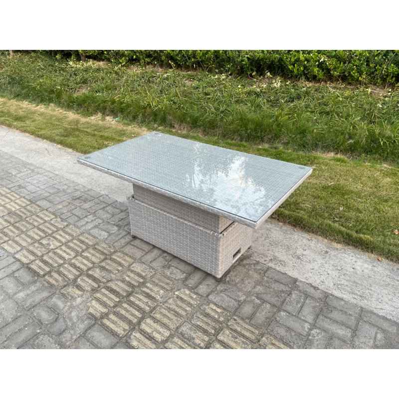 Fimous PE Wicker Rattan Garden Furniture Adjustable Rising Dining or Coffee Table In Light Grey Mixed With Clear Tempered Glass Semi Assembled