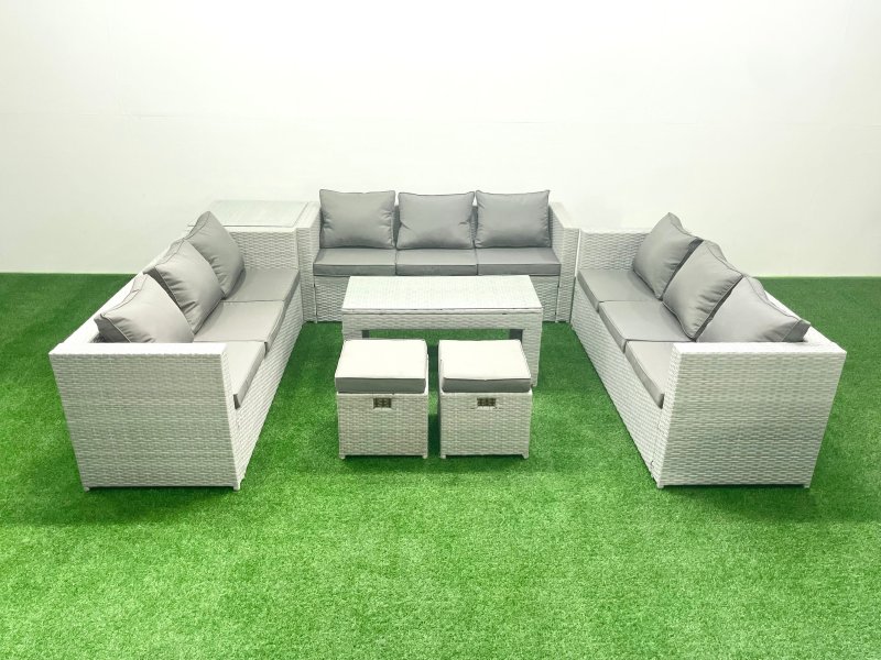Fimous Rattan Garden Outdoor Furniture Set 11 Seater Garden Sofa Oblong Coffee Table Set with 2 Small Footstool Side Table Light Grey Mixed