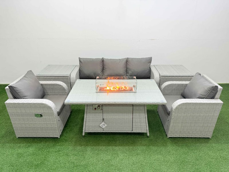 Fimous PE Rattan Garden Furniture Set Reclining Chair Sofa Lounge Sofa Set Firepit Dining Table 2 Side Table Light Grey