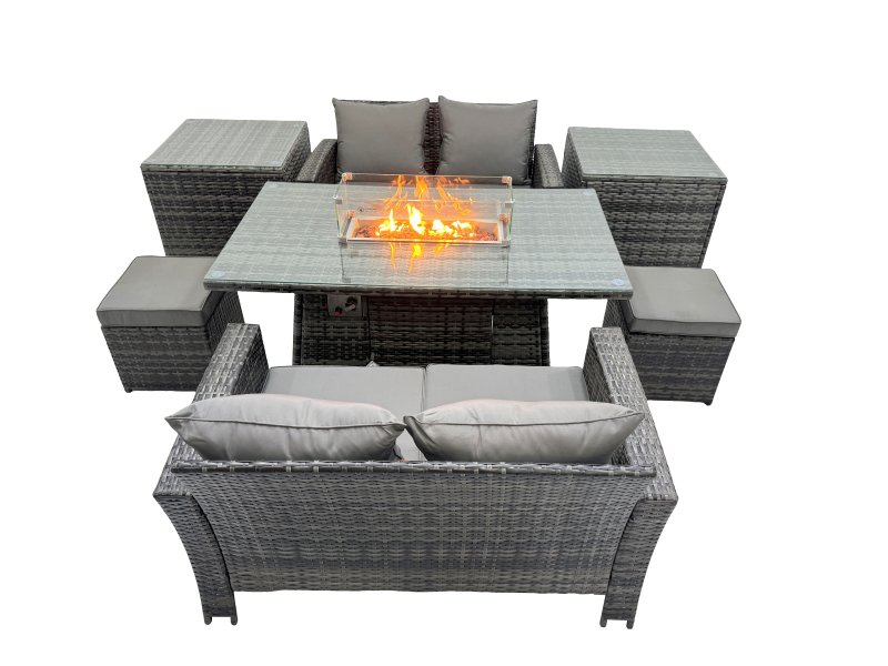 Fimous Outdoor Love Sofa Set 6 Seat Rattan Garden Furniture Set with Gas Firpit Dining Table 2 Side Table Dark Grey Mixed