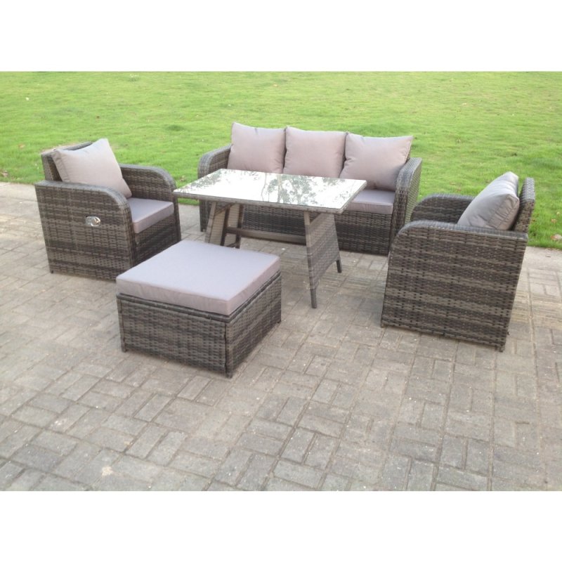 Fimous PE Rattan Garden Furniture Set Adjustable Chair Sofa Lounge 3 Seater Sofa Oblong Rectangular Dining Table Footstool