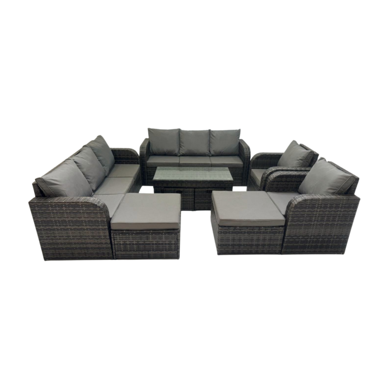 Fimous Rattan Garden Outdoor Furniture Set 3 Seater Sofa Reclining Chair Coffee Table with 4 Footstools Dark Grey Mixed