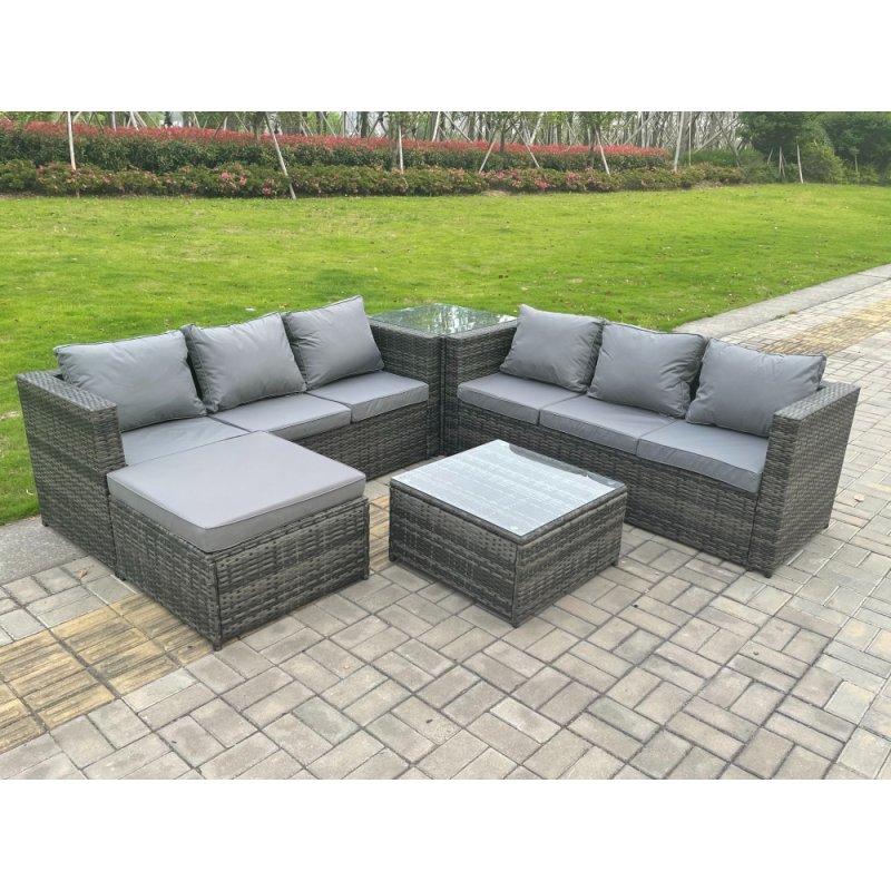 Fimous 7 Seater Dark Mixed Grey Rattan Corner Sofa Outdoor Garden Furniture With 2 Coffee Table Footstool
