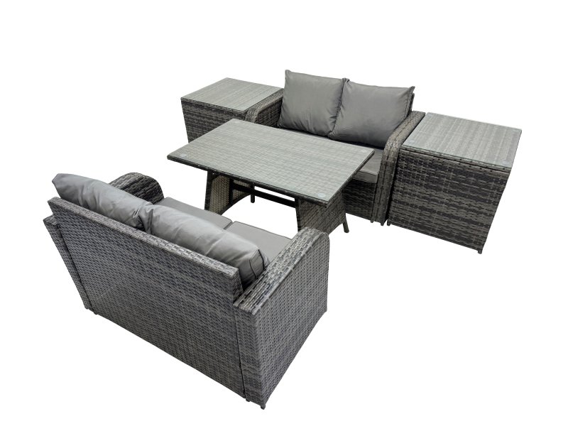 Fimous 4 Seater Garden Outdoor Rattan Furniture Set Rattan Sofa Oblong Dining Table with 2 Side Table Dark Grey