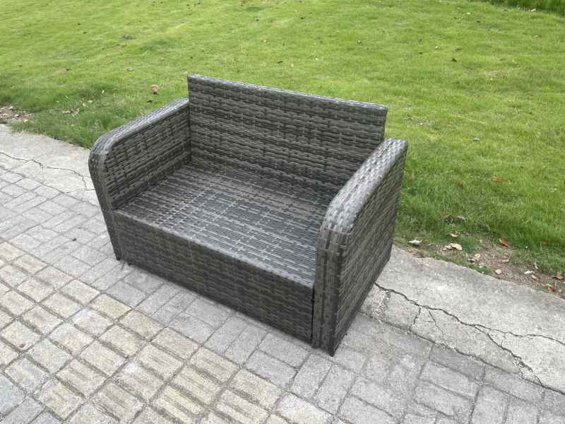 Fimous Rattan Garden Furniture Set 8 Seater Patio Outdoor Love Sofa Set with Rectangular Dining Table Side Table 2 Small Footstools Dark Grey Mixed