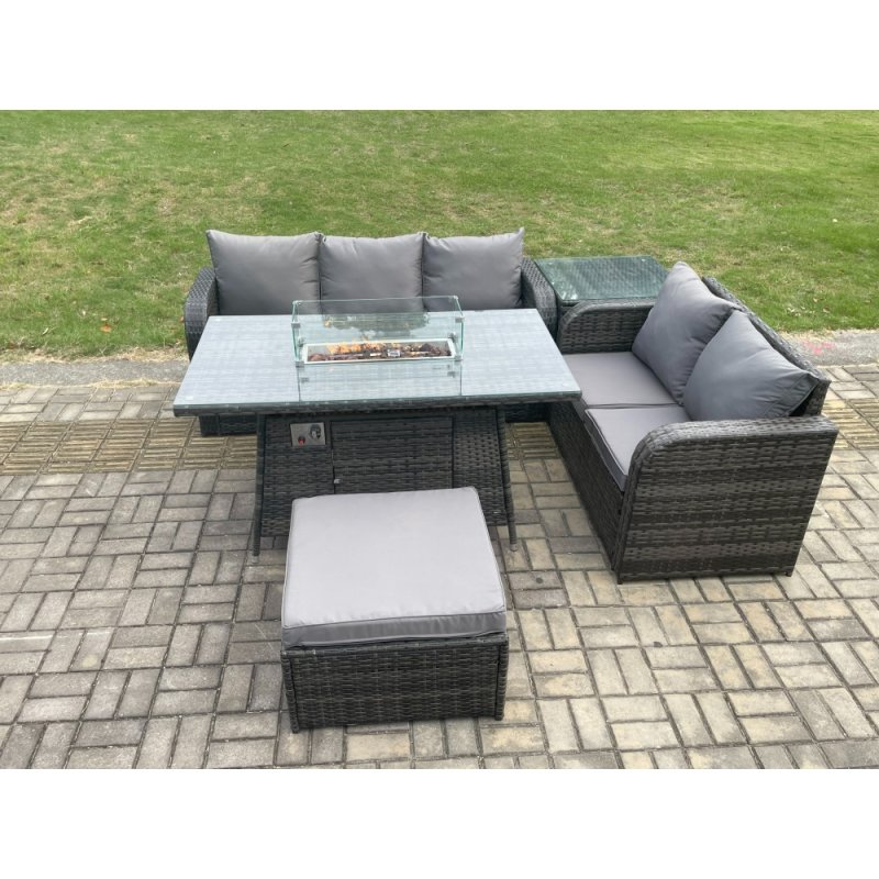 Fimous PE Wicker Outdoor Rattan Garden Furniture Set Propane Gas Fire Pit Table and Sofa set with Side Table Big Footstool