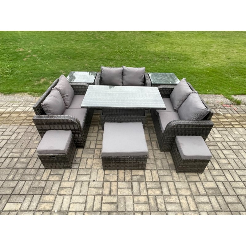 Fimous Rattan Garden Outdoor Furniture 3 PC Love Sofa Set Adjustable Rising lifting Dining Table With 2 Side Tables 3 Footstools