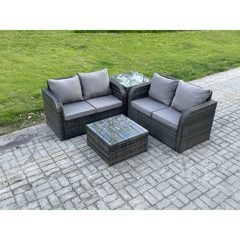Fimous Rattan Sofa Set Outdoor Garden Furniture Set with Square Coffee Table Loveseat Sofa Side Table Dark Grey Mixed