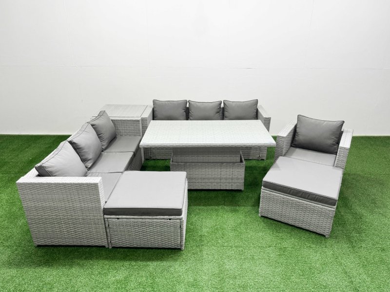 Fimous 7 PCs Rising Dining Table Set Rattan Furniture Set with 3 Seater Sofa Chair 2 Big Footstool Side Table Light Grey