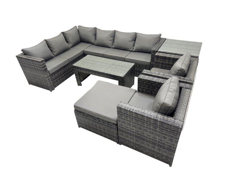 Fimous 7 Pieces Outdoor PE Rattan Garden Furniture Corner Sofa Oblong Coffee Table Set with Cushions Chair Big Footstool Side Table Dark Grey Mixed
