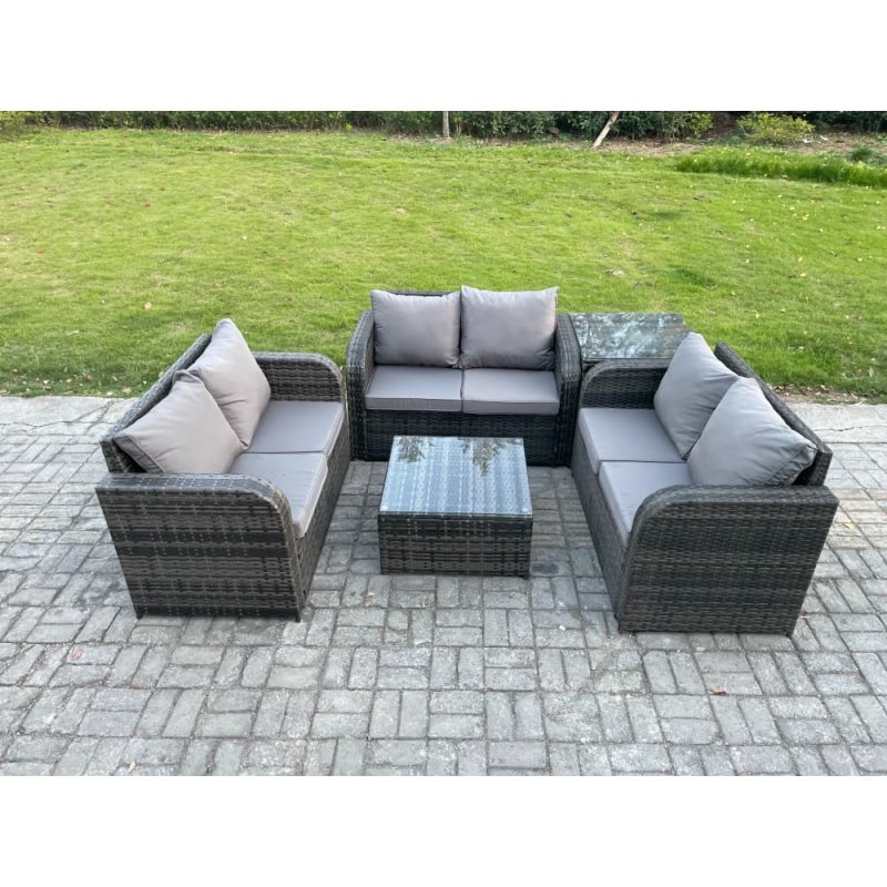 Fimous Outdoor Garden Furniture Sets 6 Seater Wicker Rattan Furniture Sofa Sets with Square Coffee Table Love seat Sofa 2 Small Footstools Side Table