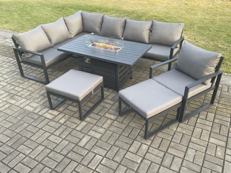Fimous Aluminium Patio Outdoor Garden Furniture Corner Sofa Set Gas Fire Pit Dining Table with Chair 2 Big Footstools Dark Grey
