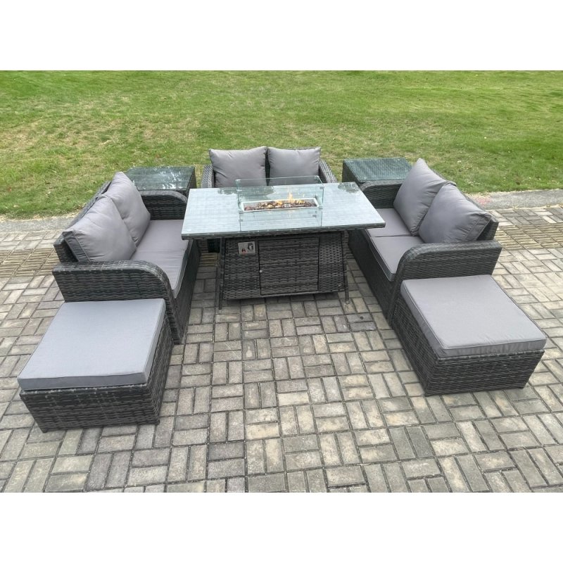 Fimous Rattan Outdoor Garden Furniture Sofa Set Gas Fire Pit Dining Table Gas Heater with 2 Side Tables Love Sofa 2 Big Footstool Dark Grey Mixed