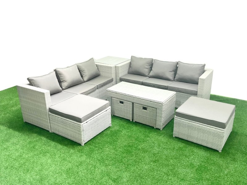 Fimous Outdoor Rattan Garden Furniture Set with Grey Cushions Luxury 10 Seater with Coffee Table and Side Table For Conservatory,Patio