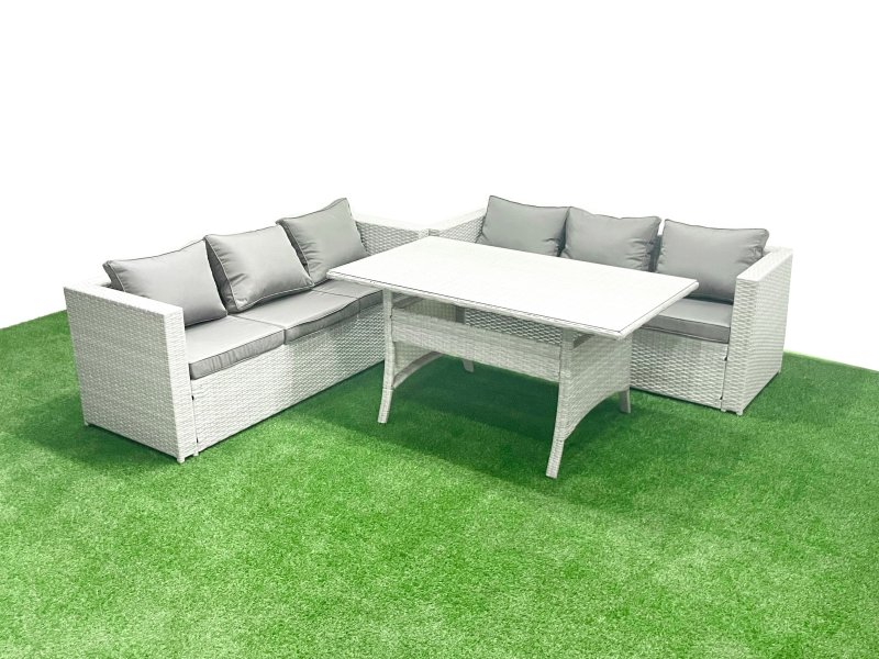 Fimous Rattan Garden Furniture Set 6 Seater Outdoor Sofa Set with Dining Table Light Grey Mixed