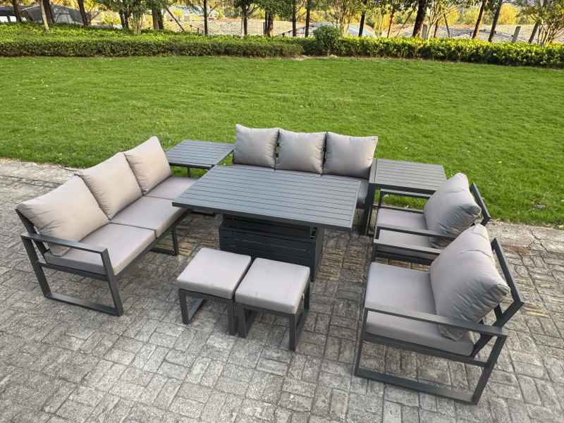 Fimous 8 Piece Garden Furniture Set 10-Seater Aluminium Outdoor Dining Set with Adjustable Rising Lifting Dining Table & Cushions Side Table Dark Grey