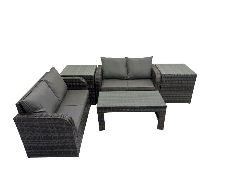 Fimous 3 Seater Sofa Reclining Chair Coffee Table Set Rattan Garden Outdoor Furniture Set with 2 Side Tables Dark Grey Mixed