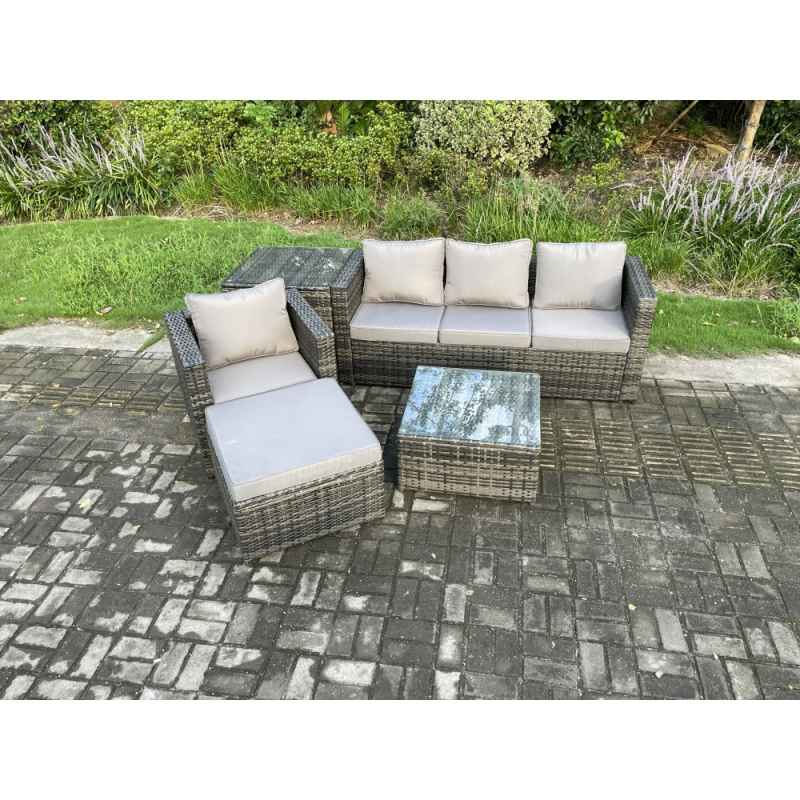 Fimous Rattan Garden Furniture Set 5 Seater Patio Outdoor Lounge Sofa Set with Side Table Square Coffee Table Big Footstool Dark Grey Mixed