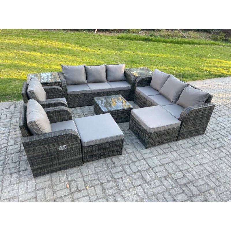 Fimous High Back Rattan Garden Furniture Set with Square Coffee Table 2 Big Footstool 2 Side Tables Indoor Outdoor Patio Lounge Sofa Set Dark Grey Mixed