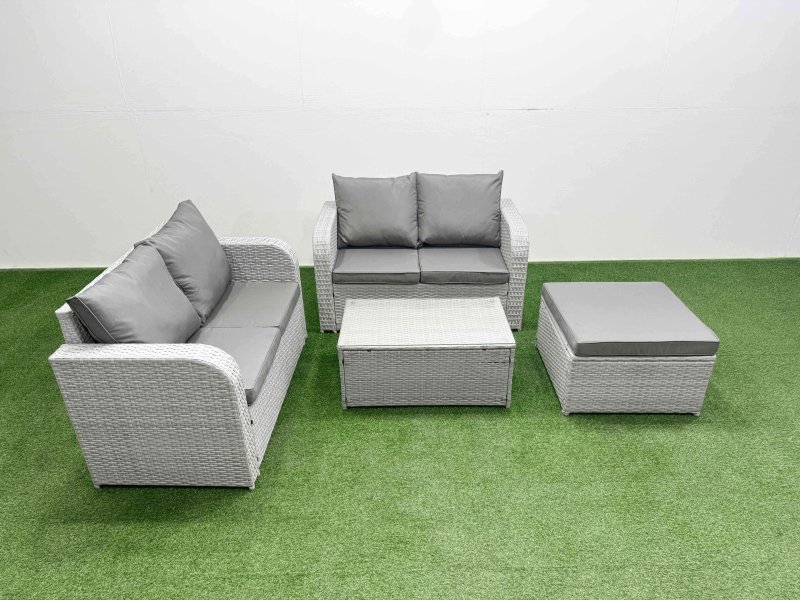 Fimous 5 Seater Outdoor Love Sofa Set Rattan Garden Furniture Set with Rectangular Coffee Table Big Footstool Light Grey