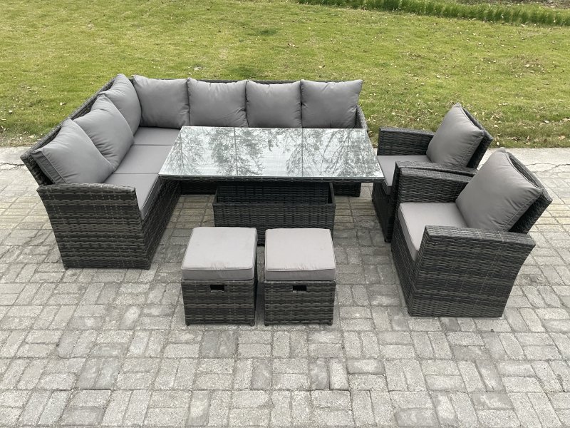 Fimous Outdoor Garden Furniture Set Wicker PE Rattan Height Adjustable Rising Lifting Table Sofa Dining Set with 2 Small Footstool 2 Armchairs Dark Grey Mixed