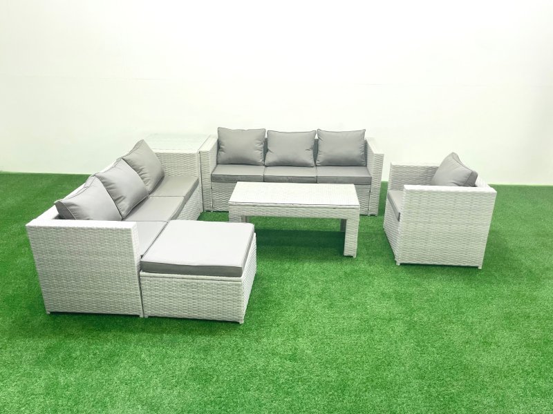 Fimous Wicker PE Rattan Sofa Garden Furniture Set with Oblong Coffee Table Armchair Big Footstool Side Table Light Grey Mixed