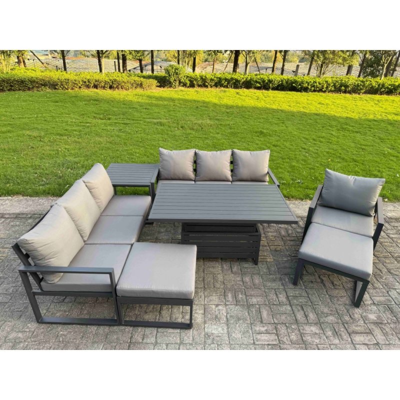 Fimous Garden Aluminium Furniture Set Dark Grey 9 Seater Outdoor Patio Adjustable Rising Lifting Dining Table with 2 Big Footstools Dark Grey