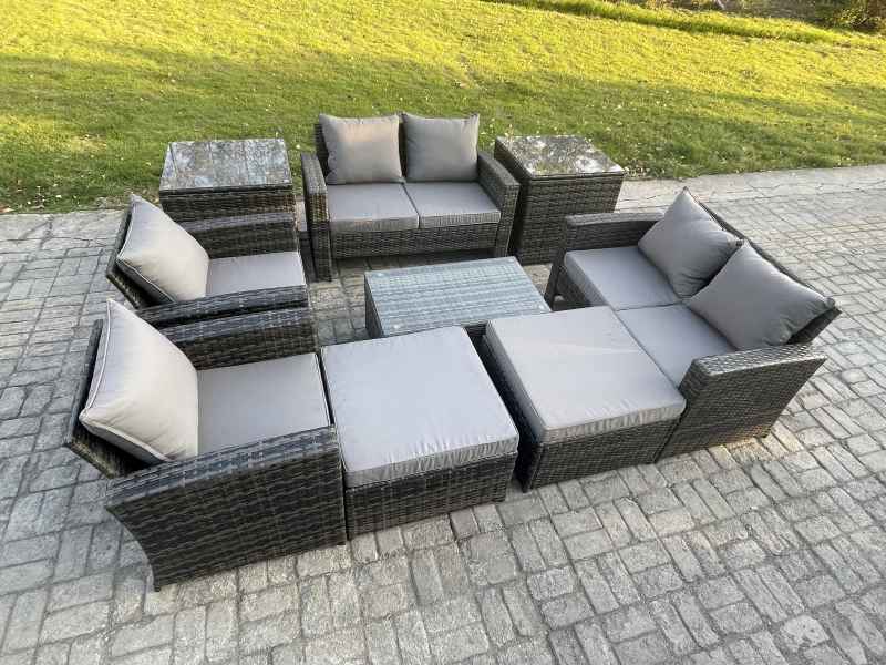 Fimous Garden Furniture Sets 9 Pieces Outdoor Rattan Furniture Manual Wicker Patio Sofa Chair Set with Coffee Table 2 Big Footstool 2 Side Tables Dark Grey Mixed