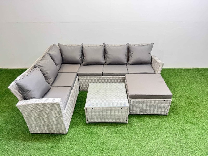 Fimous Outdoor Rattan Garden Furniture Set 7 Seater Corner Sofa Sets with Square Coffee Table Big Footstool Light Grey Mixed