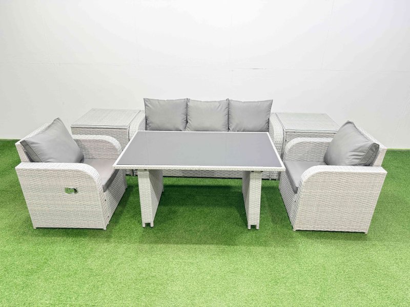 Fimous Outdoor Rattan Garden Furniture Dining Set 5-seater Patio Rectangular Table 3 Seater Sofa Reclining Chair Set with 2 Side Tables