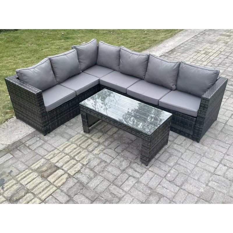 Fimous 6 Seater Rattan Corner Sofa Lounge Sofa Set With Rectangular Coffee Table Dark Grey Mixed Left Hand