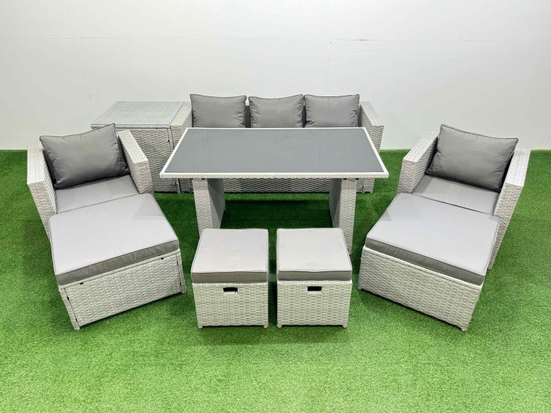 Fimous Patio Garden Furniture Sets with Black Glass Top Dining Table Armchair 3 Seater Sofa Side Table 4 Stools Light Grey