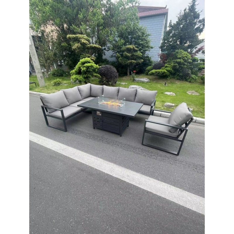 Fimous Aluminum Outdoor Garden Furniture Set Corner Sofa Chair Gas Fire Pit Dining Table Set Gas Heater Burner Dark Grey 7 Seater