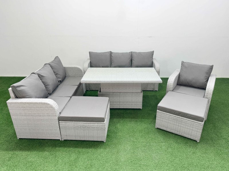 Fimous 9 Seater Poly Rattan Outdoor Garden Furniture Adjustable Lifting Dining or Coffee Table Sofa Set Patio 3 Seater Sofa Reclining Chair 3 Seater Sofa 2 Big Footstools Light Grey