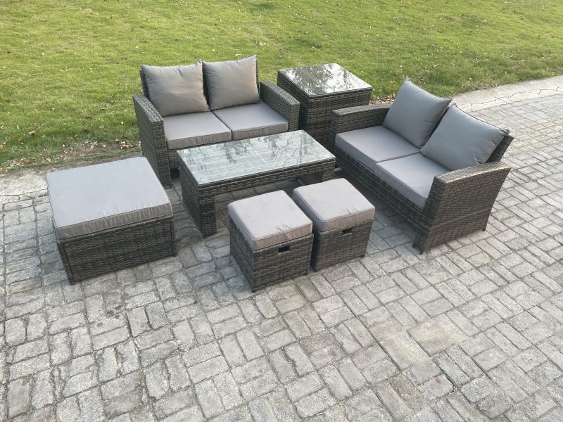 Fimous 7 Seater High Back Rattan Garden Furniture Sofa Sets with Rectangular Coffee Table Side Table 3 Footstools Loveseat Sofa Dark Grey Mixed