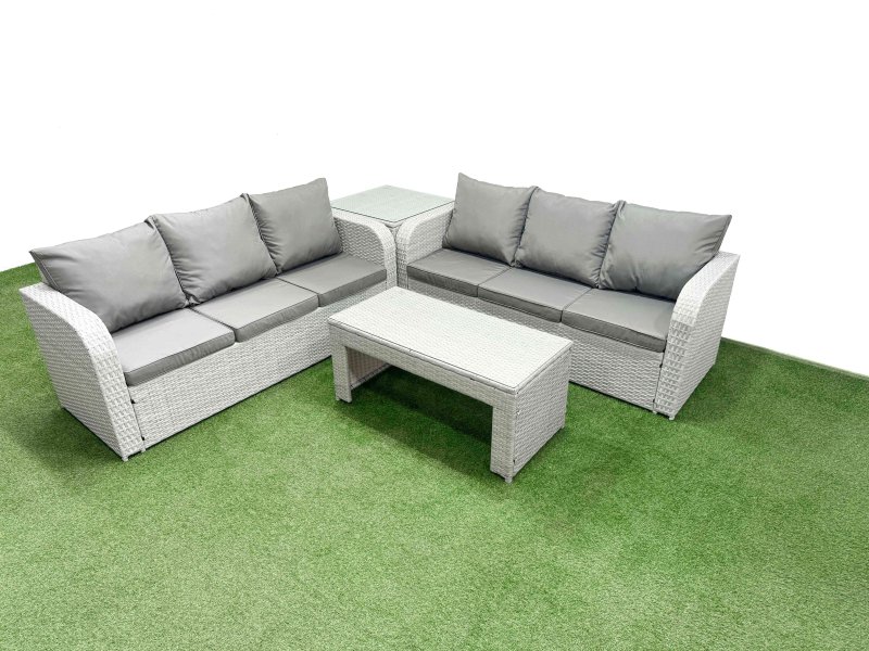 Fimous Outdoor Garden Furniture Sets 6 Seater Wicker Rattan Furniture Sofa Sets with Oblong Coffee Table high Back Lounge Sofa Side Table Light Grey