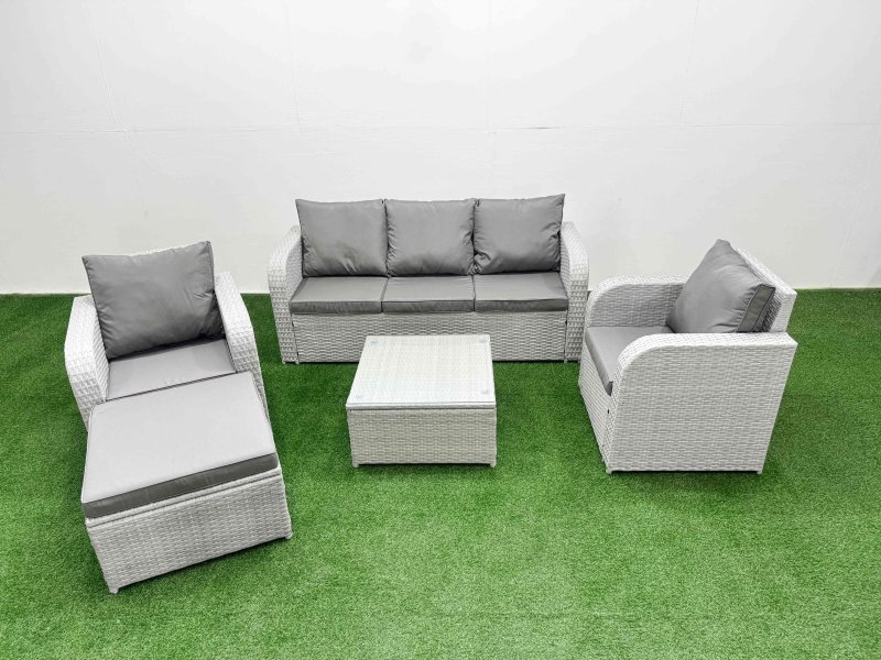 Fimous PE Rattan Garden Furniture Set Reclining Chair Sofa Lounge Sofa Set Square Coffee Table Big Footstool Light Grey