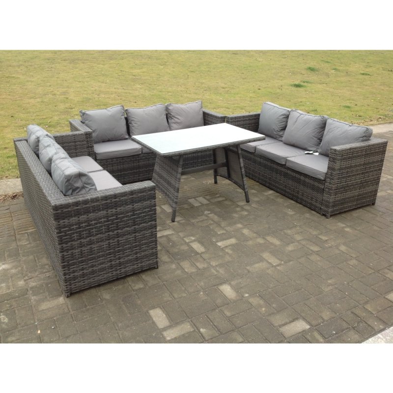 Fimous Outdoor Rattan Garden Furniture Lounge Sofa Set With Oblong Dining Table With Clear Tempered Glass