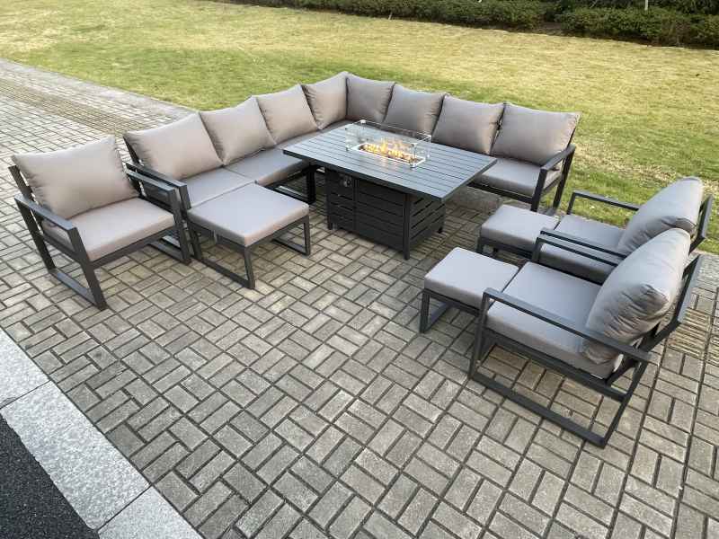 Fimous Aluminium Lounge Corner Sofa Outdoor Garden Furniture Sets Gas Fire Pit Dining Table Set with 3 Chairs 3 Footstools Dark Grey