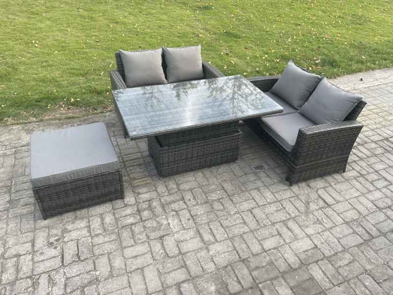 Fimous 4 Pieces Garden Furniture Sets Poly Rattan Outdoor Patio Height Adjustable Rising Lifting Table Sofa Dining Set with Big Footstool